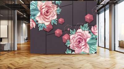 pink roses 3D Flower and butterfly 3d background for home interior and elegant design Wall mural