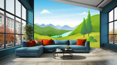 Beautiful valley landscape with green hills, river and mountains. Wall mural