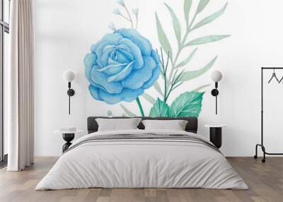 Flowers bouquet with blue roses and green leaves. Watercolor floral  arrangement and composition illustration. Wall mural