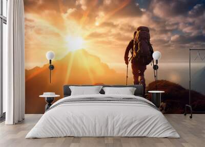 Hiker goes against sky and sun. Hiking concept created. Generative AI Wall mural