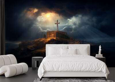 holy cross symbolizing the death and resurrection of Jesus Christ with The sky over Golgotha Hill is shrouded in light and clouds. Generative AI Wall mural