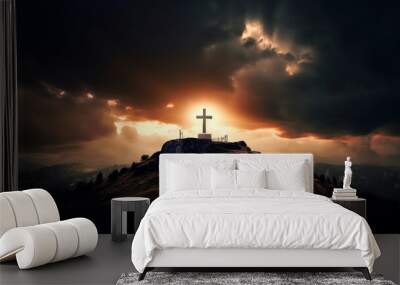 holy cross symbolizing the death and resurrection of Jesus Christ with The sky over Golgotha Hill is shrouded in light and clouds. Generative AI Wall mural