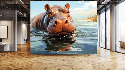 portrait of a hippo in a river in the water of the water Wall mural