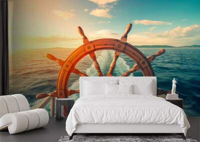 ship wheel on boat with sea and sky. freedom and adventure. direction concept. Generative AI Wall mural