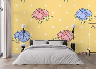 vector turtles. dotted repetitive background. color animals. baby seamless pattern. fabric swatch. wrapping paper. continuous print. design element for home decor, apparel, phone case, textile, cloth Wall mural