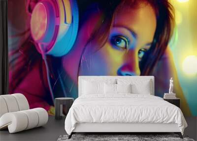 a beautiful young woman listening to music powerful colors Wall mural