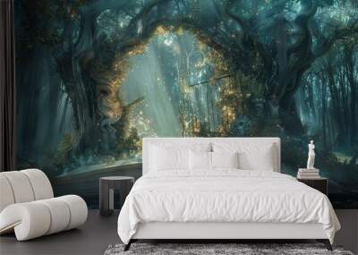 An open book with an enchanting scene of magical and mystical creatures  Wall mural