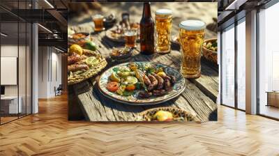 Beach style tables with beer cups, sausage, fruit and vegetable salad Wall mural