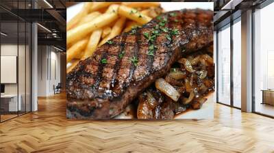 delicious and perfectly grilled steak with French fries and onions Wall mural