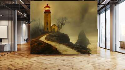 lighthouse made of steel or iron perched on a grim rock, fine art photography Wall mural