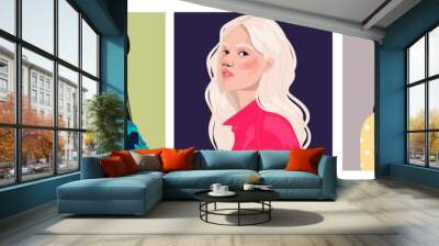 Diverse women face seamless with different gender and age culture girl portrait in a hand-drawn style. Women's rights event background concept includes black, Asian, caucasian. Wall mural