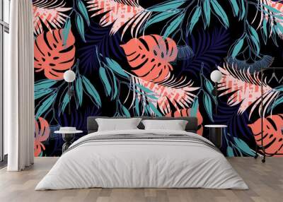 Seamless pattern of tropical leaves, dense jungle orange emerald blue colors. Banner with tropic summertime topic wrapping paper, textile or wallpaper design,background, bed linen Wall mural