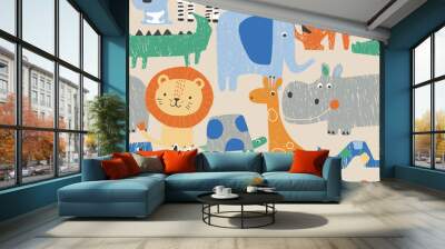 set with tropical animals. Creative nursery pencil drawing effect background. Perfect for kids design, fabric, wrapping, wallpaper, textile, apparel Wall mural