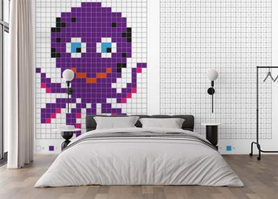 Kids coloring page, pixel coloring cartoon octopus. Vector illustration Wall mural