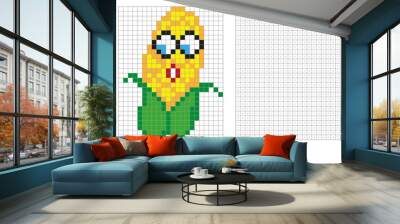 Kids coloring page, pixel coloring with funny corn. Vector illustration Wall mural