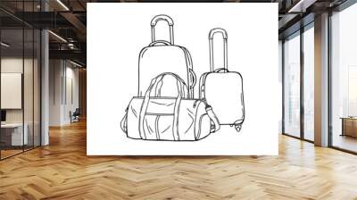 Three different travel bags, black contours, isolated on white background. Vector illustration Wall mural