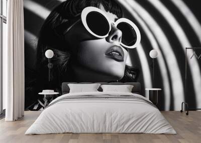 Black and white portrait of a woman with sunglasses and striped outfit against spiral background Wall mural