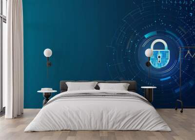 Blue digital padlock on glowing tech radial pattern background Wall mural