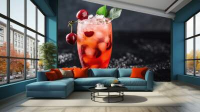 fresh cherry cocktail. fresh summer cocktail with cherry and ice cubes. glass of cherry soda drink o Wall mural