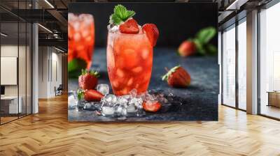 fresh strawberry cocktail. fresh summer cocktail with strawberry and ice cubes. glass of strawberry  Wall mural