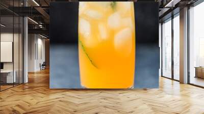 Fresh summer cocktail with orange juice and ice cubes. Glass of orange soda drink on dark background Wall mural