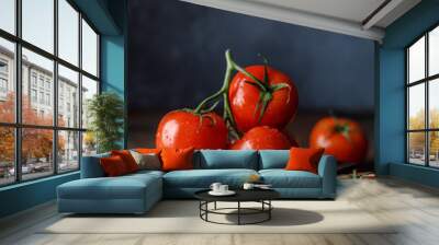 fresh tomatoes in a plate on a dark background. harvesting tomatoes. Wall mural