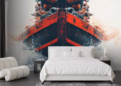 Front view of a dragon boat with red accents breaking through water with dramatic splash Wall mural