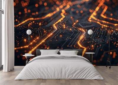 Glowing orange circuit lines on a dark background Wall mural