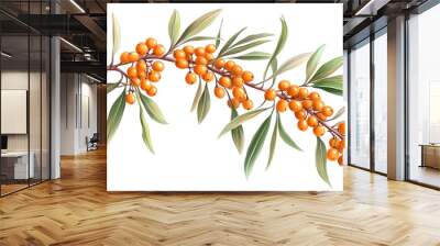 Illustration of a sea buckthorn branch with vibrant orange berries and narrow green leaves Wall mural