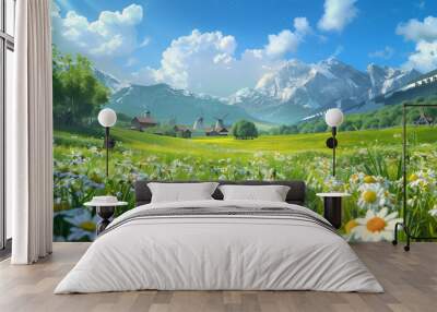 meadow with flowers and mountains Wall mural