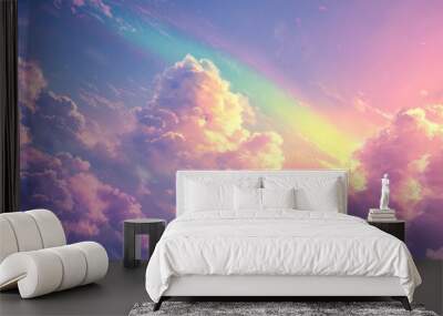 Pastel-colored clouds with a soft rainbow in a dreamy sky Wall mural