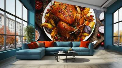 Roast whole chicken with roast vegetables on plate on a table Wall mural