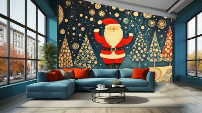 Whimsical Santa Claus illustration in a colorful, mosaic-inspired style with festive elements Wall mural