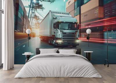 White truck near shipping containers with red motion blur Wall mural