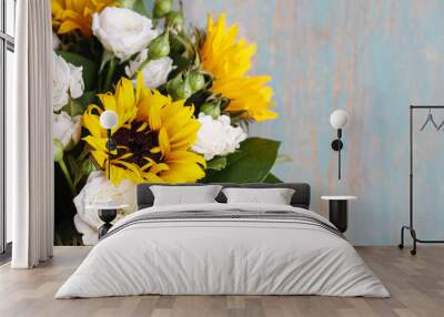 Bouquet of white roses and sunflowers Wall mural