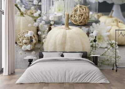 Floral decoration with white pumpkins Wall mural