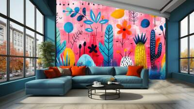 Fun and Quirky Pink Illustration Background Wall mural