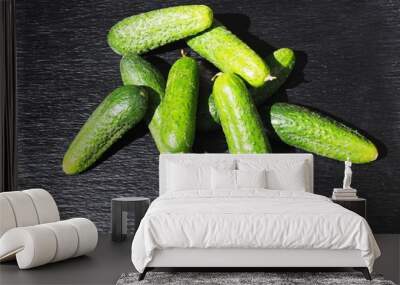 Green spring cucumbers on black background Wall mural