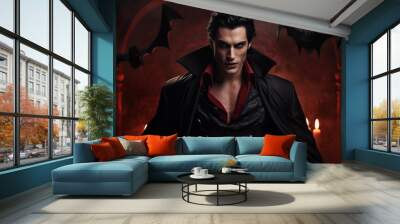 Portrait of a young handsome vampire person in a dark suit, halloween mood Wall mural