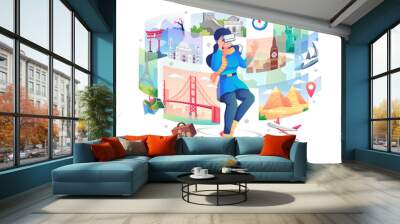 A young woman wearing VR glasses doing a game simulation of traveling around the world through virtual reality. Virtual travel for entertainment and education. Flat vector illustration Wall mural