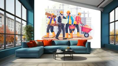 Construction workers working together to build a building on 1th may labour day. Flat style vector illustration Wall mural