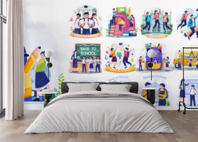 Mega Collection of Back to School Illustrations. Students are happy to go Back to School. Cute School Boy and School Girl. Flat-style vector illustration Wall mural