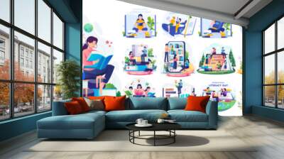 Mega Collection of International Literacy Day Illustrations. Happy People Are Reading Books to Celebrate Literacy Day. World Book Day Wall mural