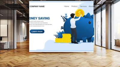 Modern flat web page design concept of Money saving with A man puting coin money into large piggy bank. Flat landing page template. vector illustration Wall mural