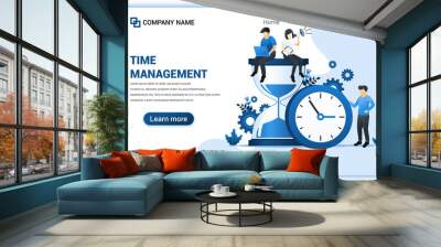 Modern flat web page design concept of time management with people work near big clock and hourglass. Flat landing page template. vector illustration Wall mural