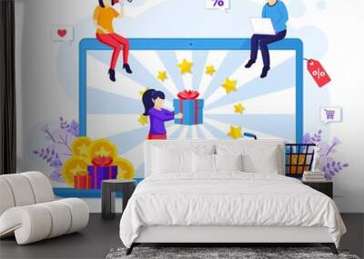 Online reward concept, People receives a gift box from a marketing loyalty program flat vector illustration Wall mural