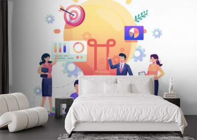 people characters work near a big light bulb to develop creative ideas and solutions for a business. Flat style vector illustration Wall mural