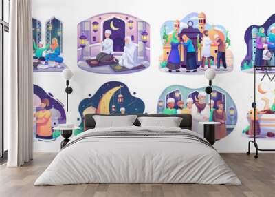 set collection of ramadan concept illustration. happy muslim people celebrate holy month ramadan, if Wall mural