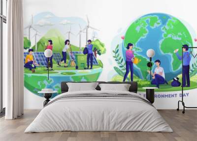 Set of World environment day with people are taking care of the earth by gardening and cleaning save planet. Flat style vector illustration Wall mural