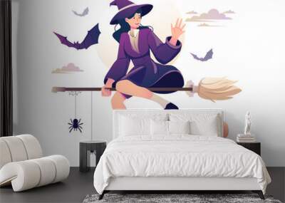 Witch flying on a broomstick. Happy young woman in a witch costume flying with a magic wand. Vector illustration in flat style Wall mural